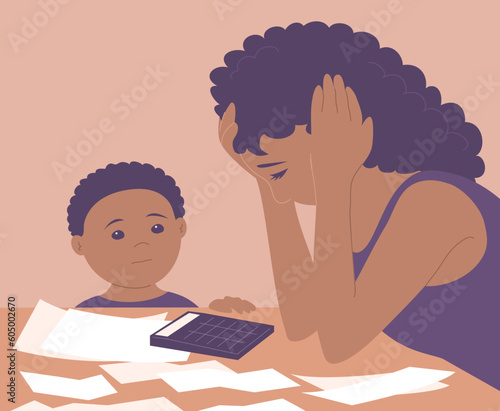 A woman at the table counts debts. Next to a little son child. African american family with one parent. Checks, bills and calculator. Stress and financial problem. Cartoon vector illustration