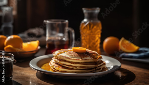 Delicious Pancakes with Maple Syrup - Nutritious Breakfast Concept - generative AI