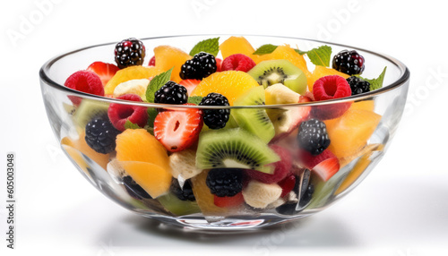 Fresh Fruit Salad in Glass Bowl on White Background - Generative Ai