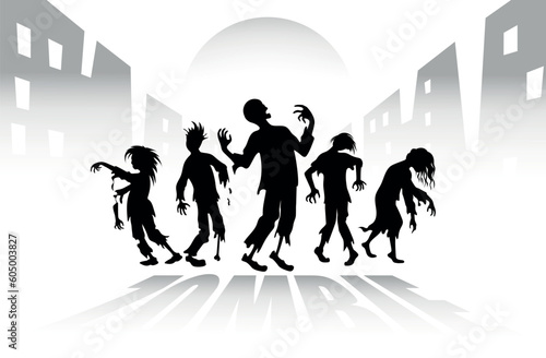 Zombies in the city. Terrible dead walk the streets of the city on full moon. Halloween background template. Isolated. Vector
