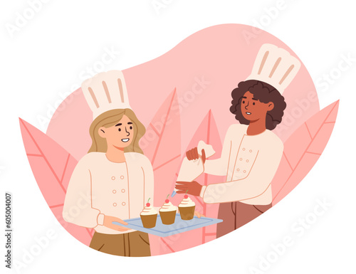 Girls cooking concept. Woman in chefs hats with baking dish. Homemade bakery and flour products, Domestic food. Cupcakes with cream and cherries. Cartoon flat vector illustration