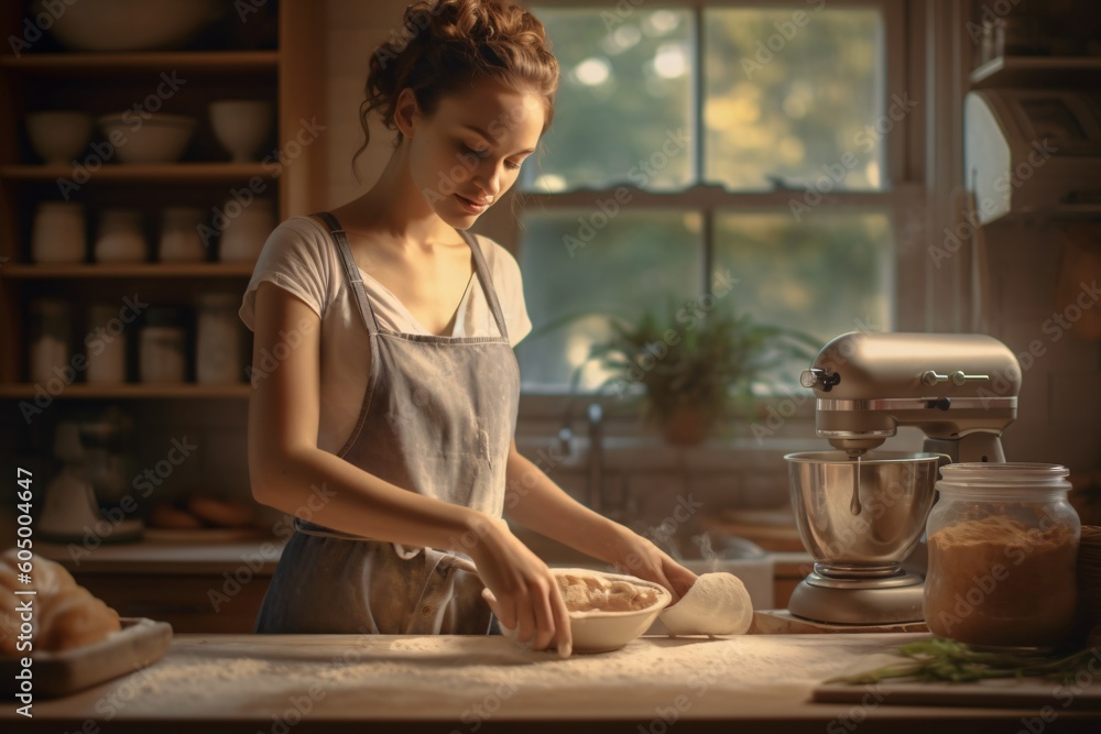 A AI-generated non-existing young wife in the kitchen baking A AI-generated non-existing young wife in the kitchen baking