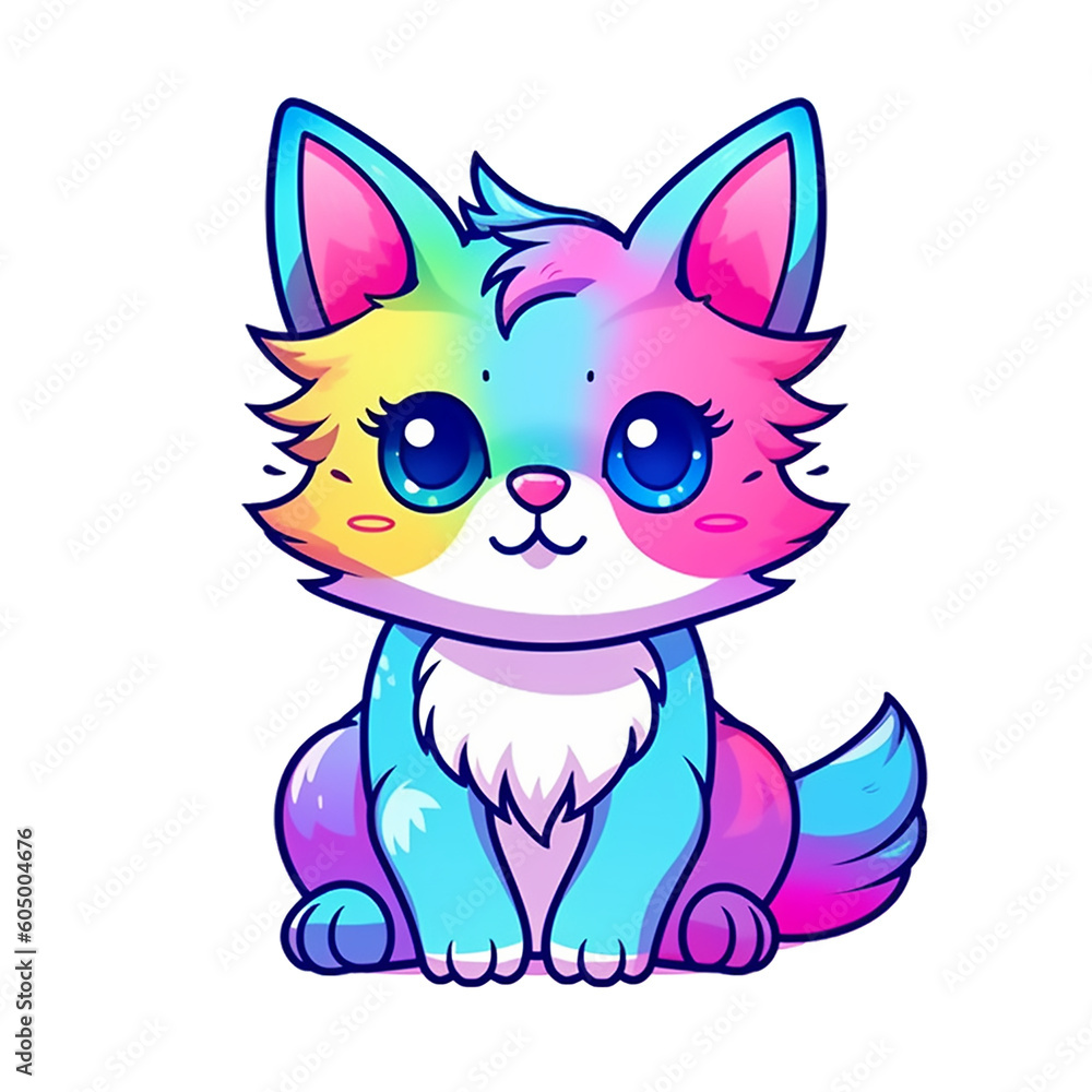Cute Cat Cartoon - Kid's Illustration - Rainbow Kawaii Cat