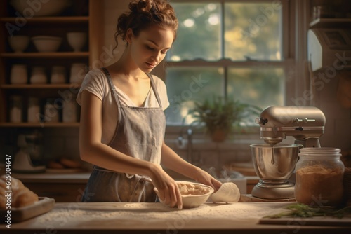 A AI-generated non-existing young wife in the kitchen baking