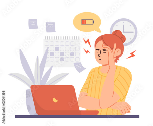 Girl under stress. Woman sits in office at laptop and holds her head. Panic and pressure at work. Overworked and tired employee with emotional burnout. Cartoon flat vector illustration © Rudzhan