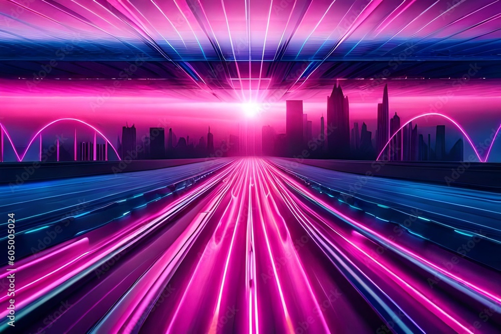 Fototapeta premium abstract futuristic background with pink blue glowing neon moving high speed wave lines and bokeh lights. Data transfer concept Fantastic wallpaper, Ai Generative