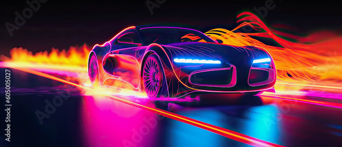 neon colored futuristic car, generative ai illustration