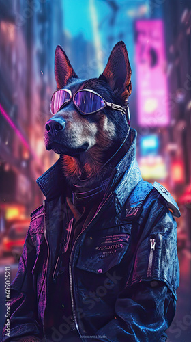 dog in a cyberpunk city wearing a leather jacket and sunglasses, generative ai illustration