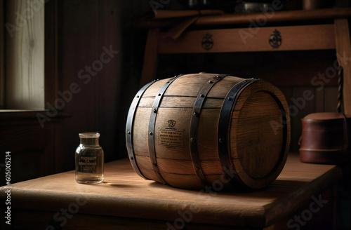 wooden wine barrel sitting in a dark wooden box