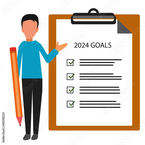 Man describing 2024 goals on board with checkmark.Freelancer working at computer, life work balance, time management