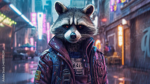 raccoon in a cyberpunk city wearing a leather jacket, generative ai illustration