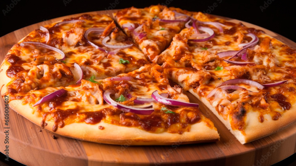 Grilled Perfection: A Mouthwatering Close-up of BBQ Chicken Pizza with Crispy Crust. Generative AI. Grilled Perfection: A Mouthwatering Close-up of BBQ Chicken Pizza with Crispy Crust. Generative AI.