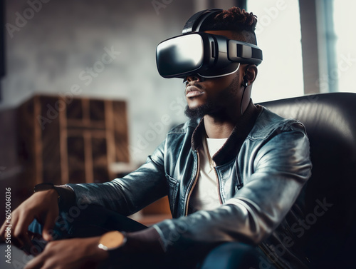 A man sitting in a chair wearing virtual reality glasses, VR virtual reality goggles, digital experience, 3D visualization, entertainment, virtual simulation. Generative AI