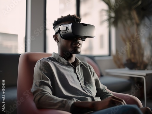A man sitting in a chair wearing virtual reality glasses, VR virtual reality goggles, digital experience, 3D visualization, entertainment, virtual simulation. Generative AI
