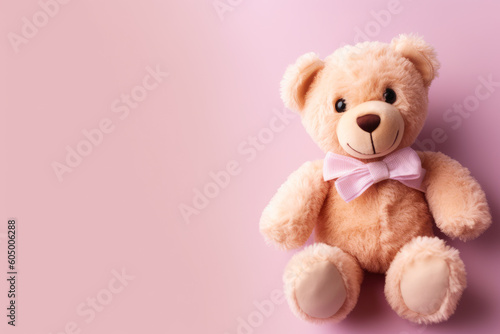 Cute teddy bear on pink background, top view, copy space. Generative AI.