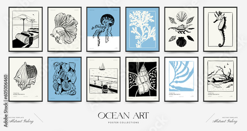 Abstract ocean and sea posters template. Modern sea Botanical trendy black style. Vintage seaweed, fish, shell. Ink wall  art.
