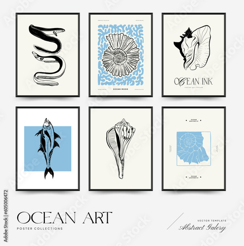 Abstract ocean and sea posters template. Modern sea Botanical trendy black style. Vintage seaweed, fish, shell. Ink wall  art.