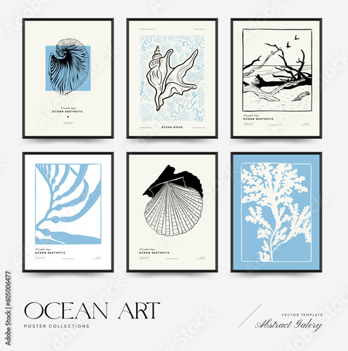 Abstract ocean and sea posters template. Modern sea Botanical trendy black style. Vintage seaweed, fish, shell. Ink wall  art.