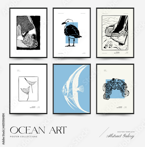 Abstract ocean and sea posters template. Modern sea Botanical trendy black style. Vintage seaweed, fish, shell. Ink wall  art.