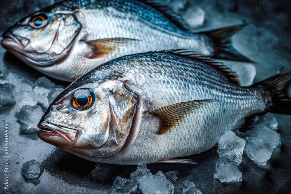 top down view of raw sea bream fish dorado on ice. space for text. generative AI top down view of raw sea bream fish dorado on ice. space for text. generative AI
