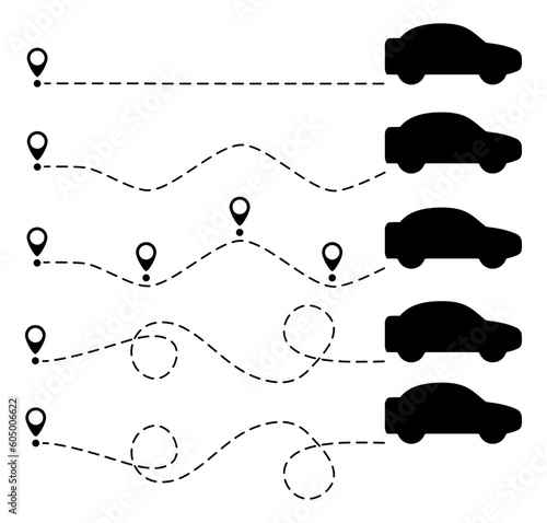 Car route with location pin set. Automobile silhouette driving on dotted path collection. Journey and travel concept. Vector illustration isolated on white.
