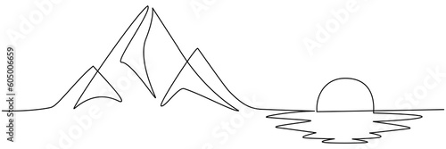 Mountain with sun on sea continuous one line drawn. Mountains sunset linear concept. Vector illustration isolated on white.