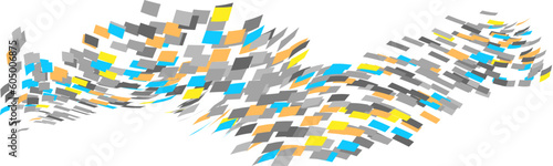 Scattered square particles ornament. Mosaic flight wind. Windy destroyed cell wall. Flight colored tiles flock direction stream.Leaf fall conditional parts single whole. Crash curved surface.