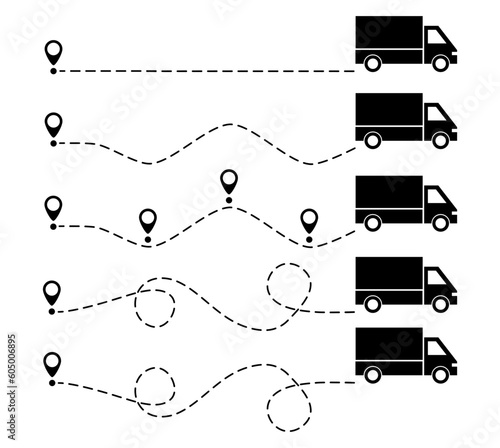 Car with location pin set. Truck silhouette driving on dotted path collection. Delivery automobile concept. Vector illustration isolated on white.