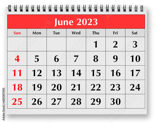Page of the annual monthly calendar - June 2023