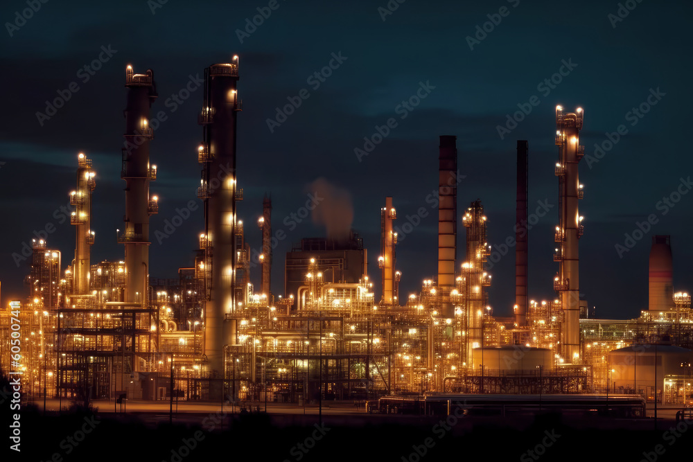 Oil refinery at night, AI Generated, environmental protection Oil refinery at night, AI Generated, environmental protection