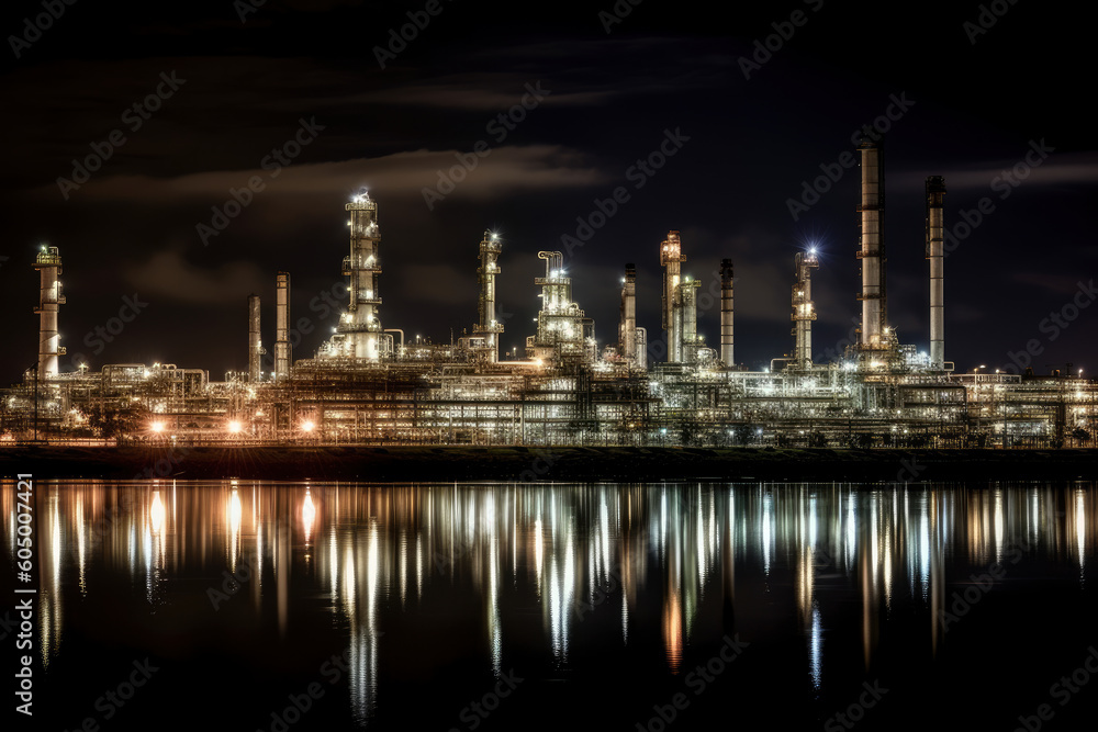 Oil refinery at night, AI Generated, environmental protection