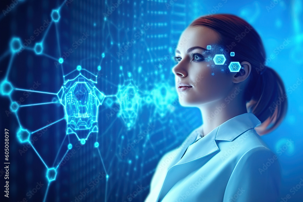 female doctor watching holographic conceptual images with blue background female doctor watching holographic conceptual images with blue background