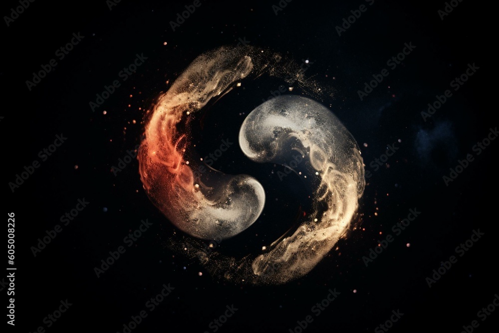 Yin yang twin flame symbol in outer space against black background. Generative AI Stock