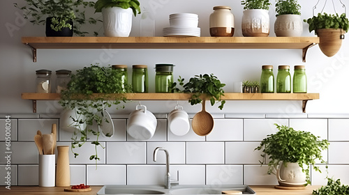Kitchen brass utensils, chef accessories. Hanging kitchen with white tiles wall and wood tabletop.Green plant on kitchen background generated ai  Generative AI © KatrinaEra