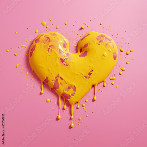 Yellow liquid heart on pink background. Love concept. A heart-shaped object drenched in yellow liquid with dripping drops. AI generated illustration.