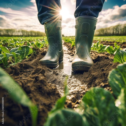 Farmer in rubber boots on soybean field, close-up, blue sky background with cloud and suns. Closeup shot. Green fresh plants. Low angle view. AI generated content.