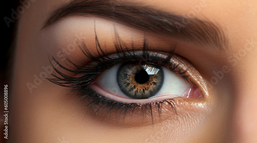 Close-up of woman's brown eye with black long eyelashes. Black mascara cosmetic concept. A close-up of a woman's brown eye with lengthy lashes. Macro shot of female eye