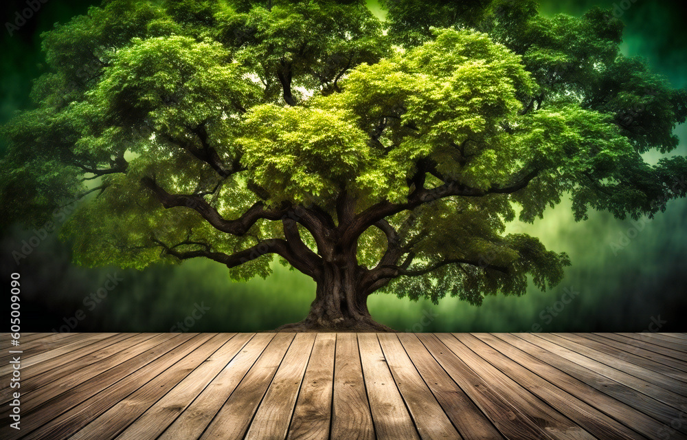 wooden deck with tree in a green background wooden deck with tree in a green background