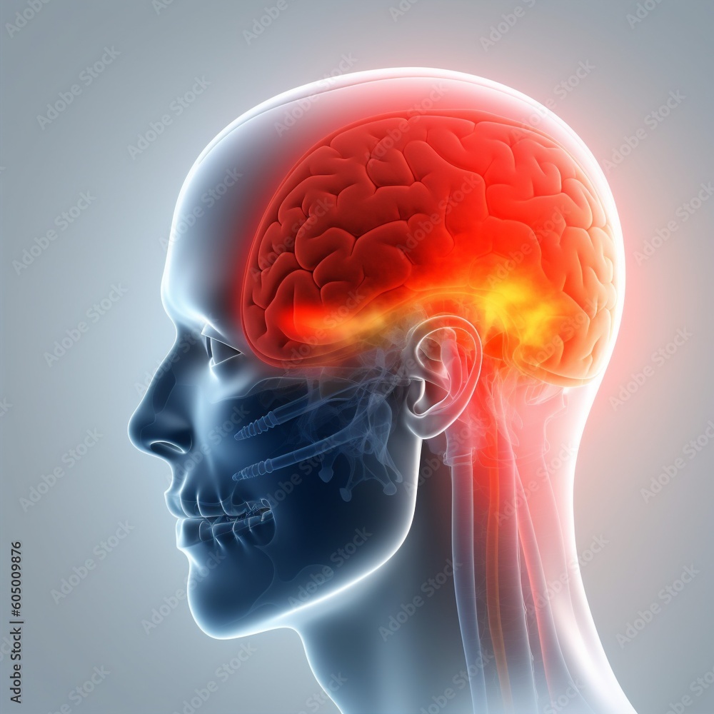 Obraz premium medicine head blue medical pain x-ray anatomy brain red headache. Generative AI.