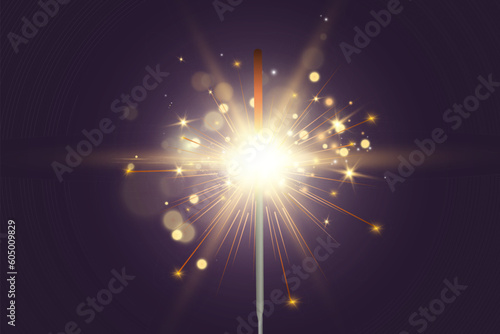 	
Magical light. Sparkler. Candle sparkling on the background. Realistic vector light effect. Winter, seasonal christmas decoration illustration.
