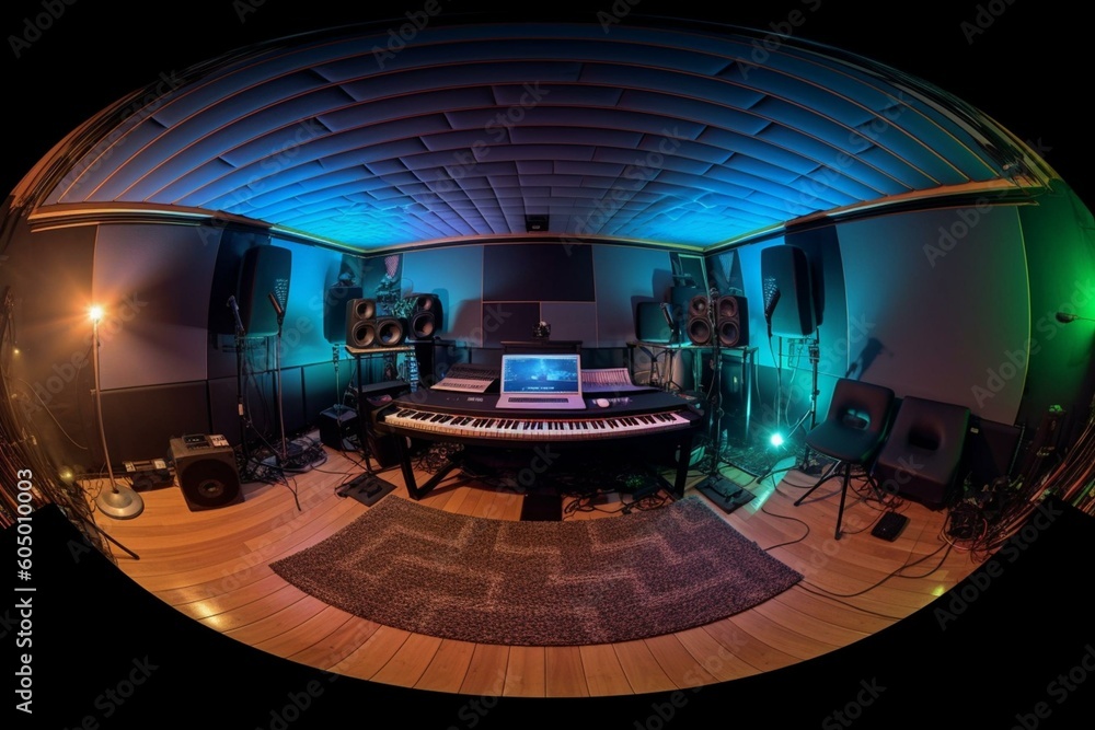 360 panorama of music recording studio with neon lights in