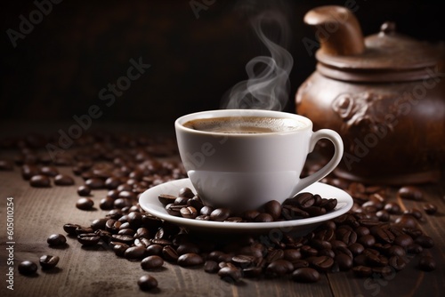 bean aroma brown morning mug espresso cafe breakfast drink cup. Generative AI.