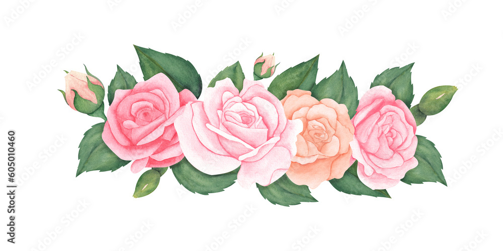 Naklejka premium Watercolor pink peach Roses and green leaves. Hand drawn illustration for greeting cards or wedding invitations on isolated background