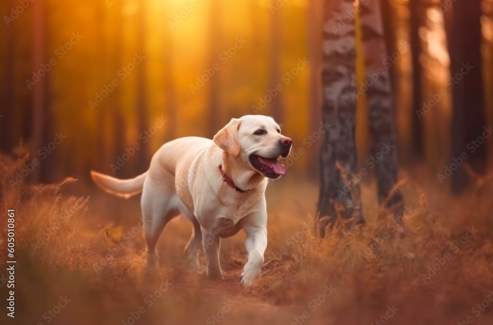 Golden Labrador is walking in the forest. Generative AI.