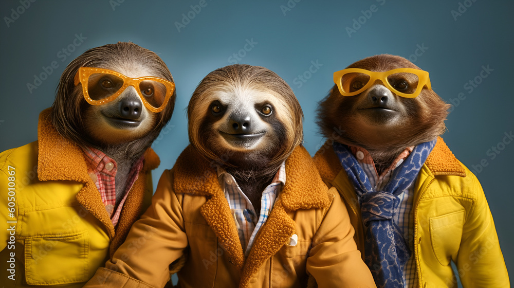 Gang family of sloth in vibrant bright fashionable outfits, commercial, editorial advertisement, surreal surrealism. Group shot. Generative AI Gang family of sloth in vibrant bright fashionable outfits, commercial, editorial advertisement, surreal surrealism. Group shot. Generative AI