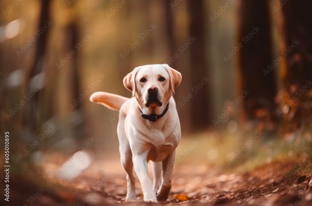 Golden Labrador is walking in the forest. Generative AI. Golden Labrador is walking in the forest. Generative AI.