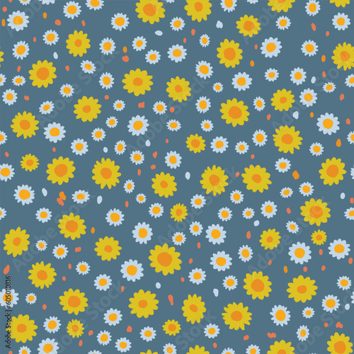 Bright floral seamless pattern, vector graphics, daisy flowers, white and yellow, blue background, feminine print for textile, nature inspired, for spring and summer, repeating flat art
