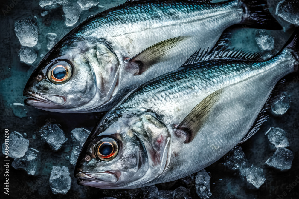 Fototapeta premium top down view of raw sea bream fish dorado on ice. space for text. generative AI