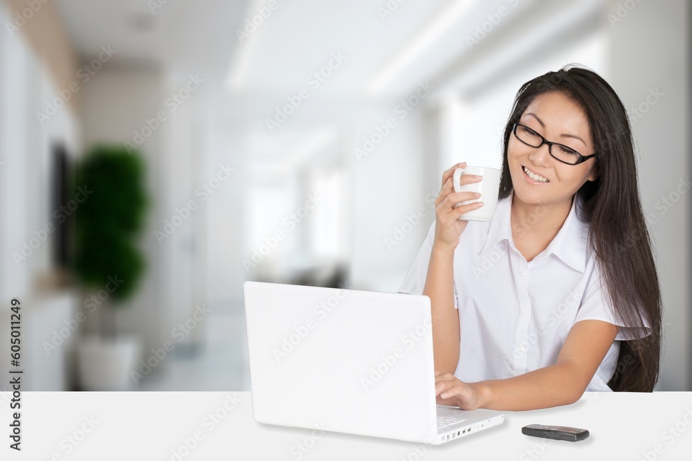 Ambitious happy woman work on laptop at home Ambitious happy woman work on laptop at home