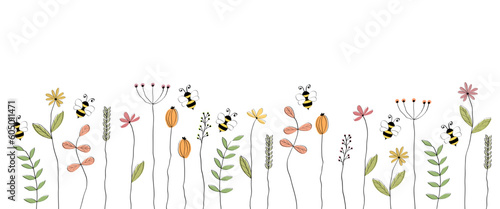 Vektorbanner mit liebevoll gezeichneten Bienen und Blumen. Freier Platz für Text. Vorlage für Einladungen, Grußkarten, Webseiten, Flyer, Poster.